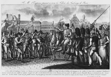 Napoleon I reviewing the Federes of the Parisian suburbs at the Tuileries, illustration from 